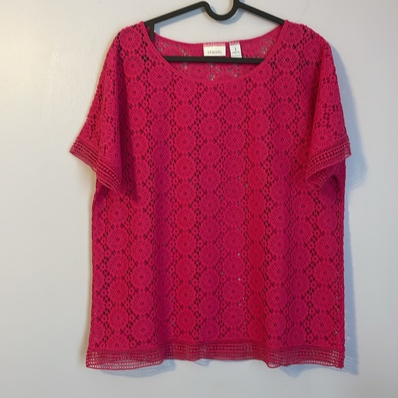 Chico’s Bright Pink Crochet Knit Sweater Top size 1 (M/8) - Picture 1 of 15